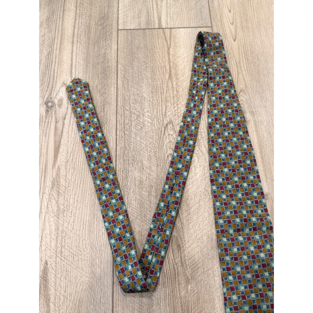 Ermenegildo Zegna Mens Silk Tie Geometric Mosaic Gold Burgundy Teal Italy 57 in